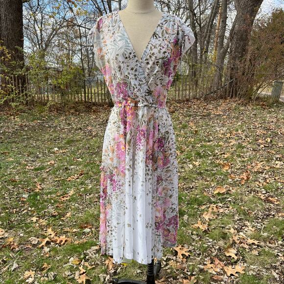 Vintage 80s Whimsy Sheer Floral Swiss Dot Wrap Front Dress - Picture 7 of 9